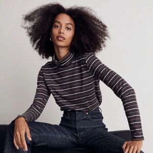 Madewell Cream and Brown Striped Whisper Cotton Turtleneck, Tessie Stripe